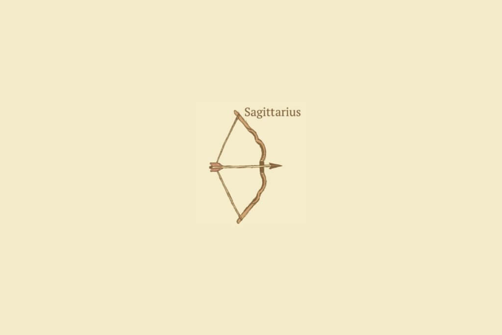 Ilustração do signo de sagitário centralizado, com o nome do signo embaixo, em um fundo rosa-salmão