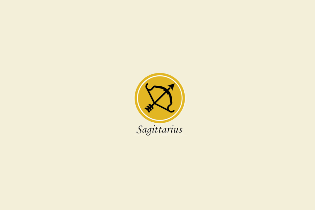 Ilustração de um arco e flecha, dentro de um círculo amarelo-escuro, representando o signo de sagitário, em fundo amarelo-claro