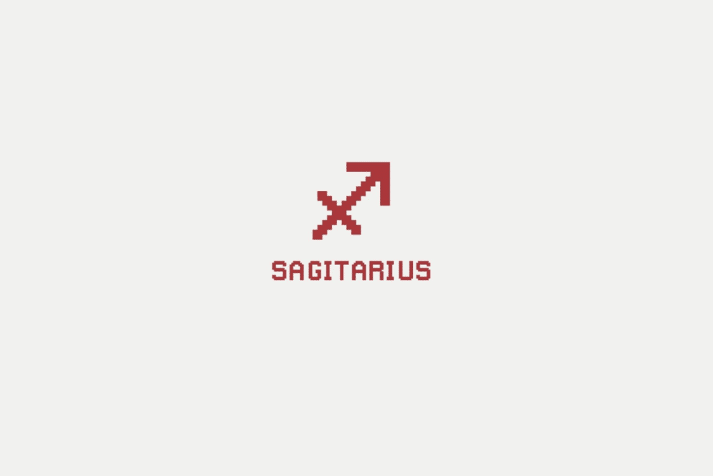 Ilustração do signo de sagitário em vermelho e com o nome abaixo, centralizado em um fundo cinza-claro