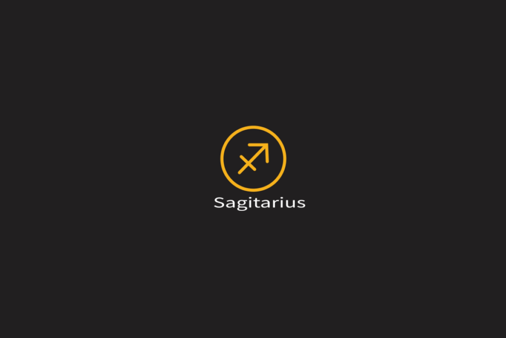 Ilustração do signo de sagitário em amarelo, dentro de um círculo da mesma cor, centralizado em fundo preto