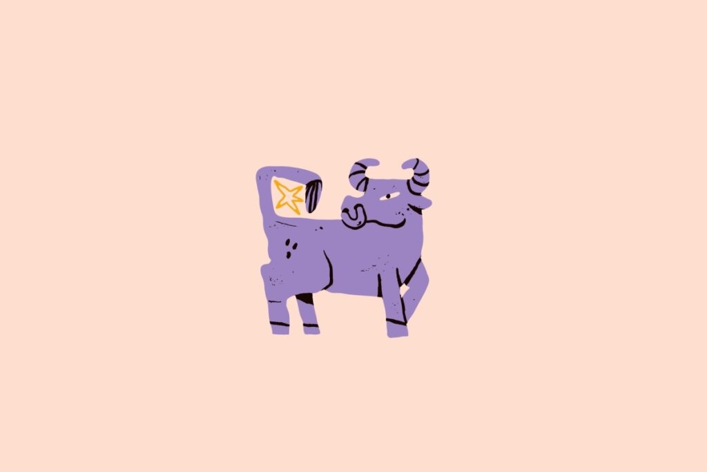 Ilustração de um touro roxo em um fundo bege-claro