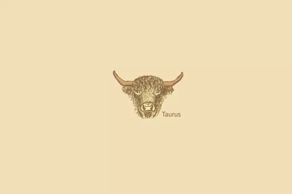 Ilustração do signo de touro centralizado, com o nome do signo embaixo, em um fundo rosa-salmão