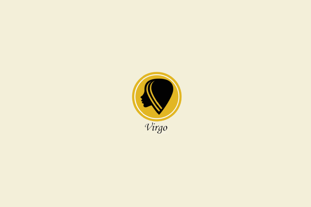 Ilustração de um rosto, dentro de um círculo amarelo-escuro, representando o signo de virgem, em fundo amarelo-claro