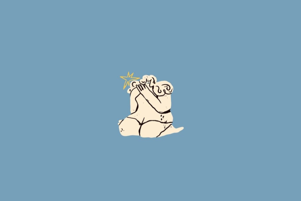 Ilustração de uma pessoa ajoelhada em amarelo-claro sobre um fundo azul-claro
