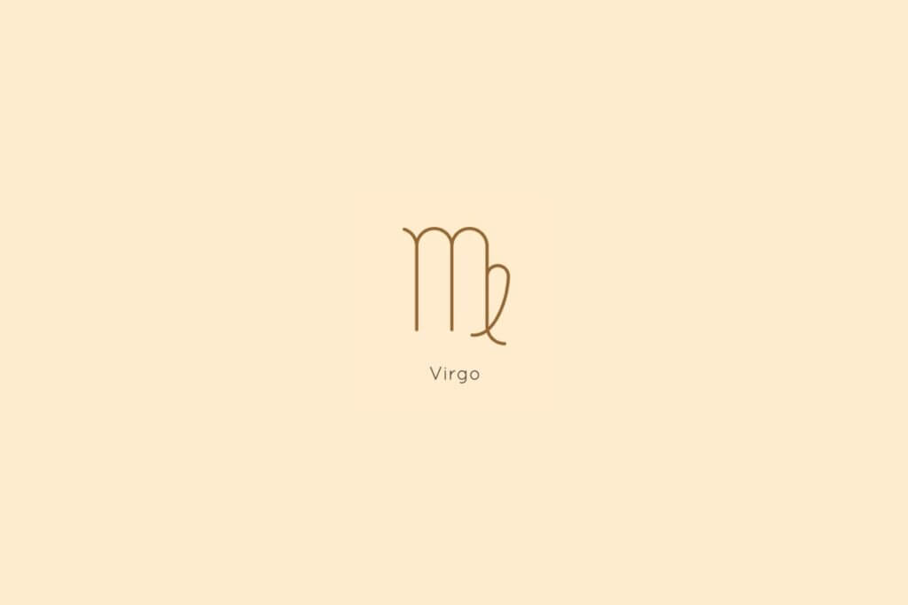 Ilustração do signo de virgem, centralizado em um fundo amarelo, com o nome do signo abaixo