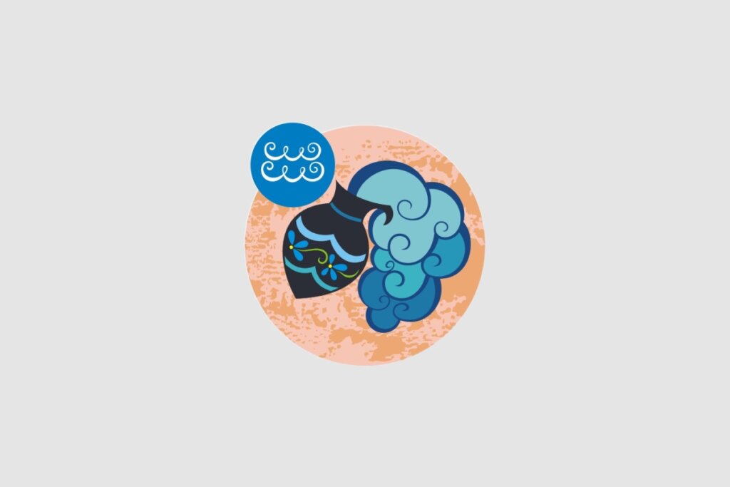 Ilustração do signo de Aquário, com um vaso azul derramando ondas de água estilizadas, dentro de um círculo rosado. O fundo da imagem é composto pela cor cinza