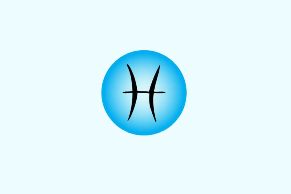 Ilustração do signo de Peixes contendo o símbolo com duas curvas verticais opostas unidas por um traço horizontal central, em fundo azul-claro