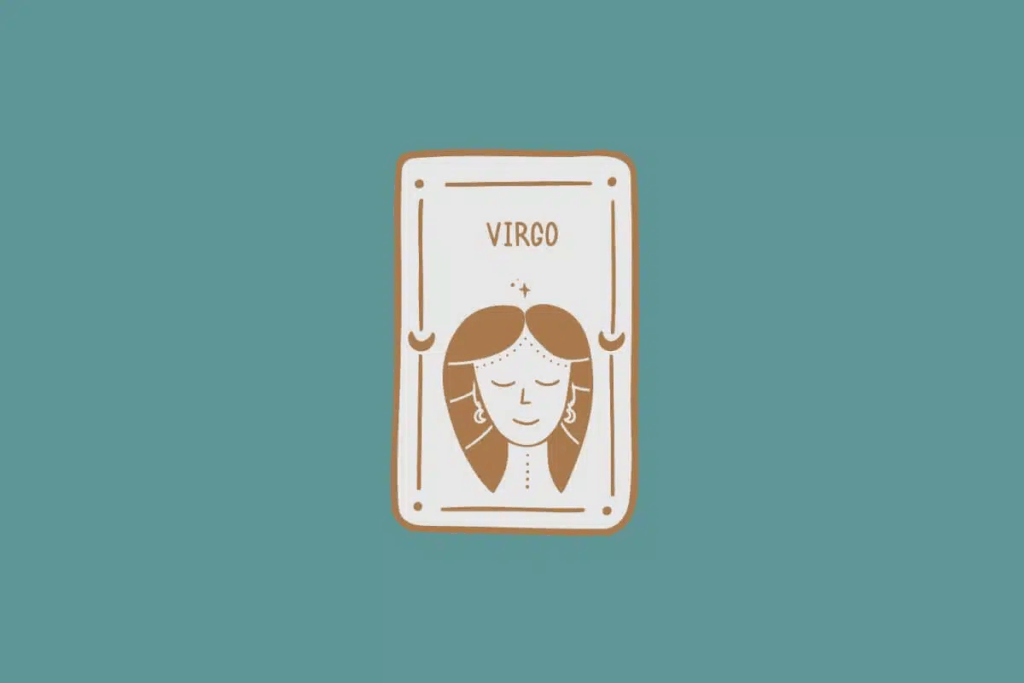 Ilustração do signo de Virgem, em fundo verde-azulado, contendo o rosto de uma mulher com olhos fechados, cabelo dividido ao meio e dois brincos 