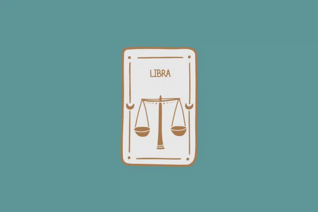 Ilustração do signo de Libra, em fundo verde-azulado, contendo uma balança com dois pratos pendentes em equilíbrio sobre uma haste central vertical