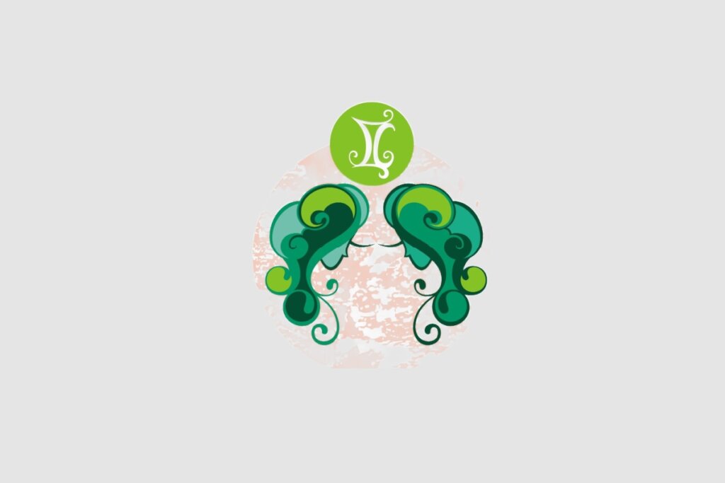 Ilustração do signo de Gêmeos, com duas figuras femininas de cabelos verdes encaracolados, voltadas uma para a outra, dentro de um círculo rosado. O fundo da imagem é composto pela cor cinza