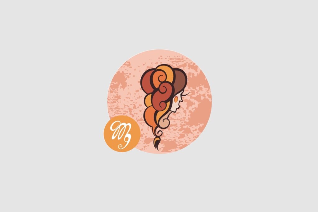 Ilustração do signo de Virgem, com a silhueta de uma mulher de perfil, com cabelos longos ondulados em tons marrons e alaranjados, dentro de um círculo rosado. O fundo da imagem é composto pela cor cinza