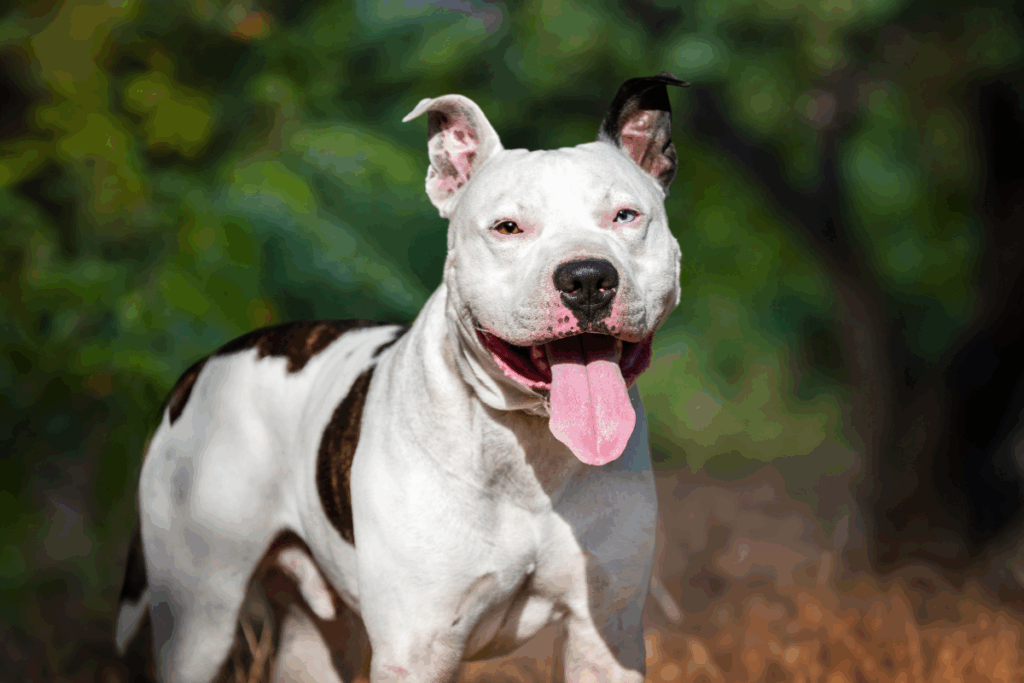 Um american staffordshire terrier de pelagem branca com manchas marrons e olhos de cores diferentes (um azul, um castanho).