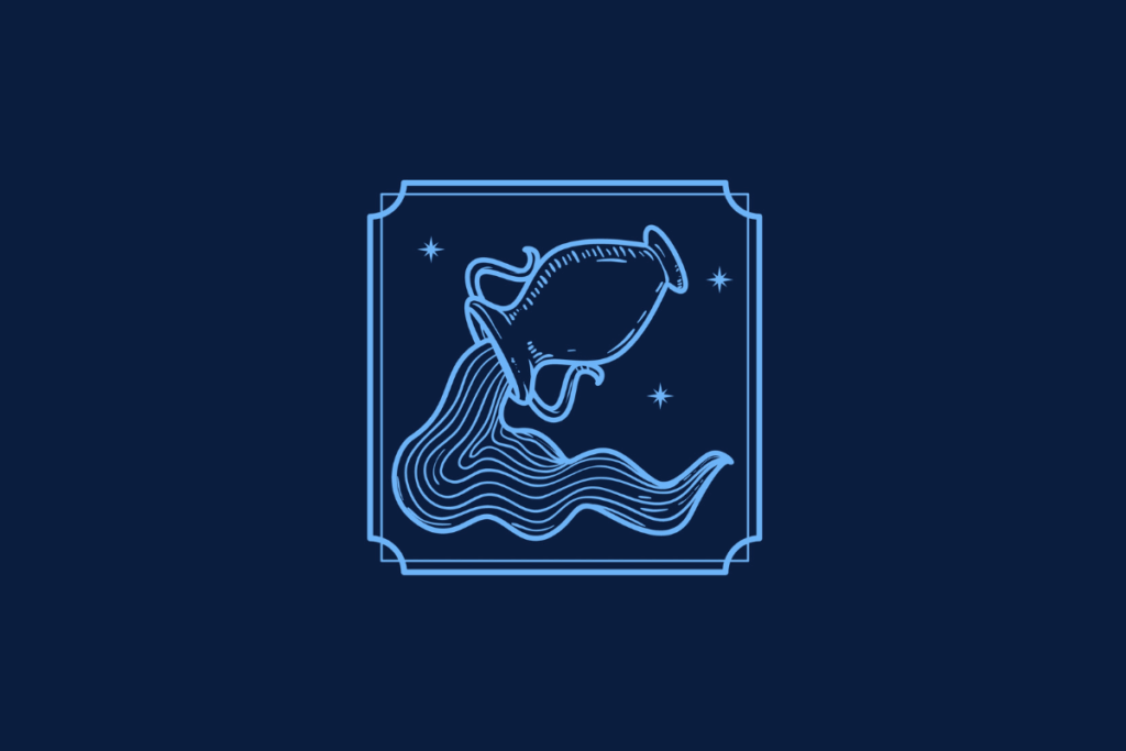Ilustração em linhas azuis em fundo azul-escuro mostrando uma jarra inclinada jorrando água, envolvida por uma moldura quadrada com pequenas estrelas.