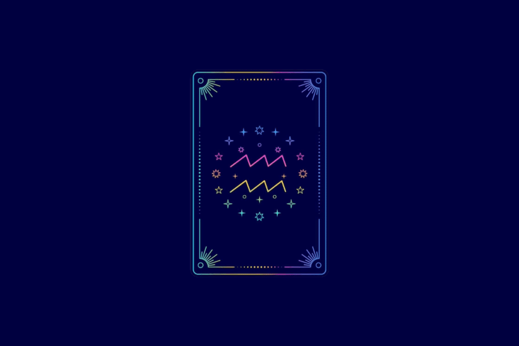 Ilustração no estilo carta de tarot com fundo azul-escuro e moldura retangular em gradiente colorido. No centro, o símbolo do signo de Aquário.