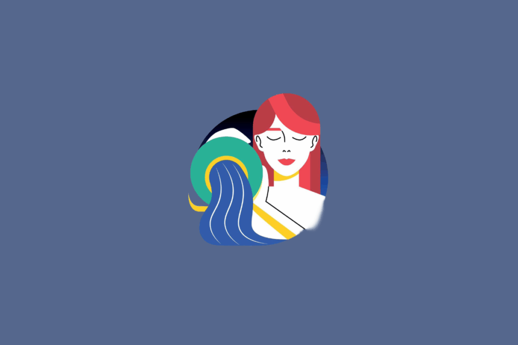 Ilustração do signo de Aquário, mostrando uma mulher com cabelos vermelhos segurando um vaso verde e amarelo de onde jorra água azul, sobre um fundo circular escuro.