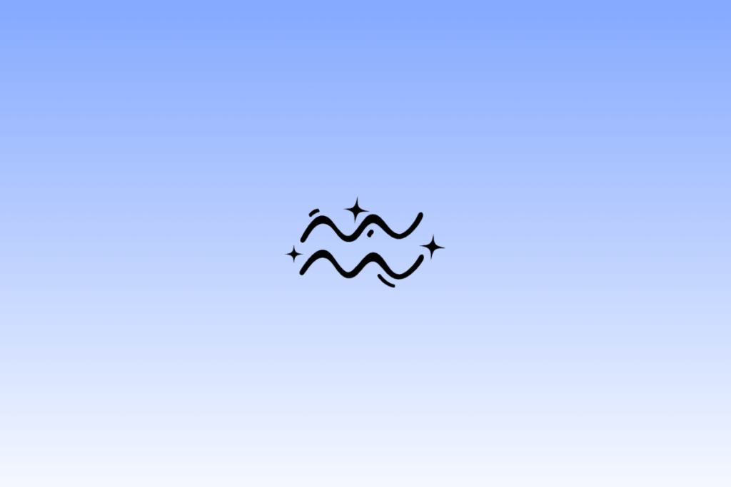 Ícone preto do símbolo do signo de Aquário, composto por duas linhas onduladas paralelas, centralizado em um fundo com gradiente azul e cercado por pequenas estrelas.