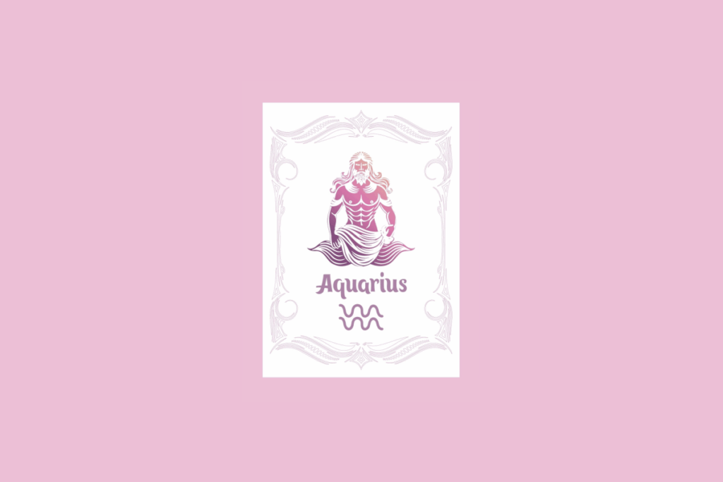 Um cartão branco com uma moldura ornamentada em rosa claro contém a ilustração de um homem derramando água com um gradiente de roxo a laranja, e o texto "Aquarius" acima do símbolo das ondas, tudo sobre um fundo rosa sólido.
