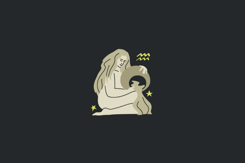 Ilustração minimalista em tom bege sobre fundo cinza-escuro representando o signo de Aquário, com uma figura humana segurando um vaso, o símbolo de duas ondas amarelas e pequenas estrelas.