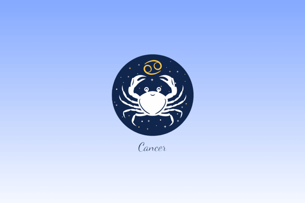 Ilustração do signo de Câncer com um caranguejo branco dentro de um círculo azul-escuro estrelado, acompanhado pelo símbolo em amarelo e o nome "Cancer" escrito abaixo.