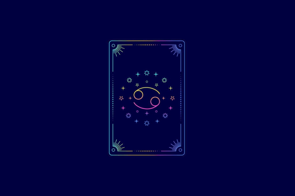 Ilustração no estilo carta de tarot com fundo azul-escuro e moldura retangular em gradiente colorido. No centro, o símbolo do signo de Câncer.
