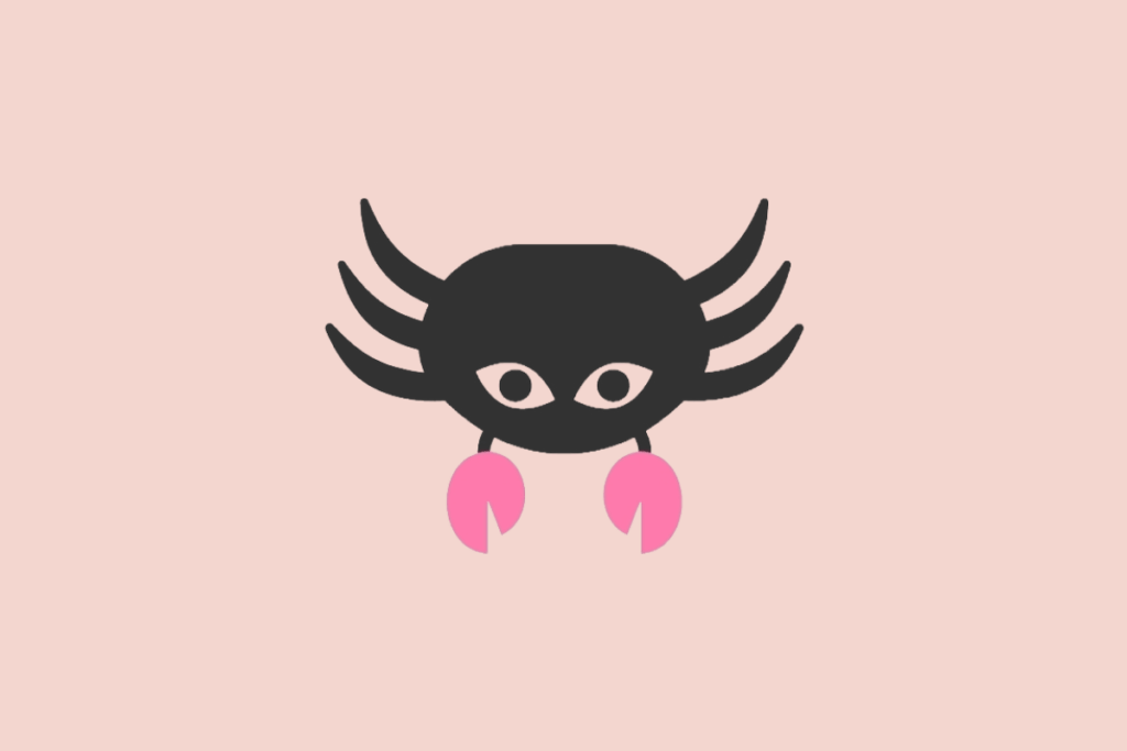 Ilustração estilizada de um caranguejo preto com duas pequenas garras rosa-choque, sobre um fundo rosa-claro.
