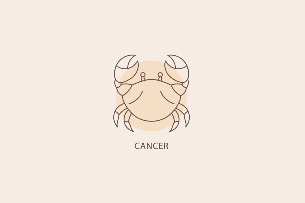 Ilustração em linhas finas de um caranguejo com garras levantadas, com um círculo bege ao fundo e a palavra "CANCER" abaixo.