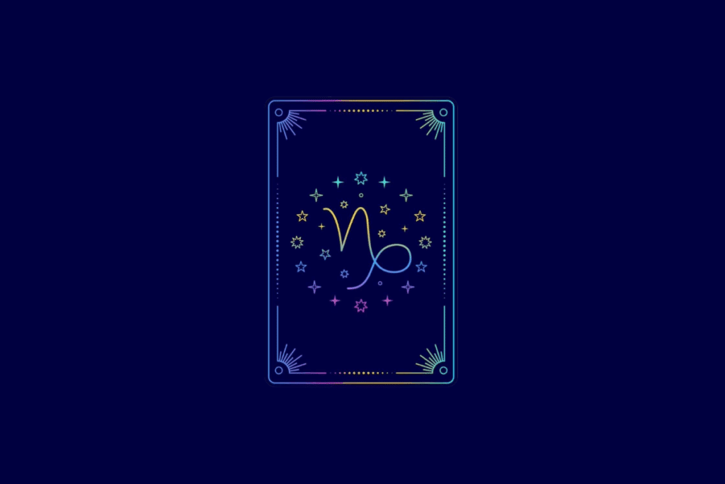 Ilustração no estilo carta de tarot com fundo azul-escuro e moldura retangular em gradiente colorido. No centro, o símbolo do signo de Capricórnio.