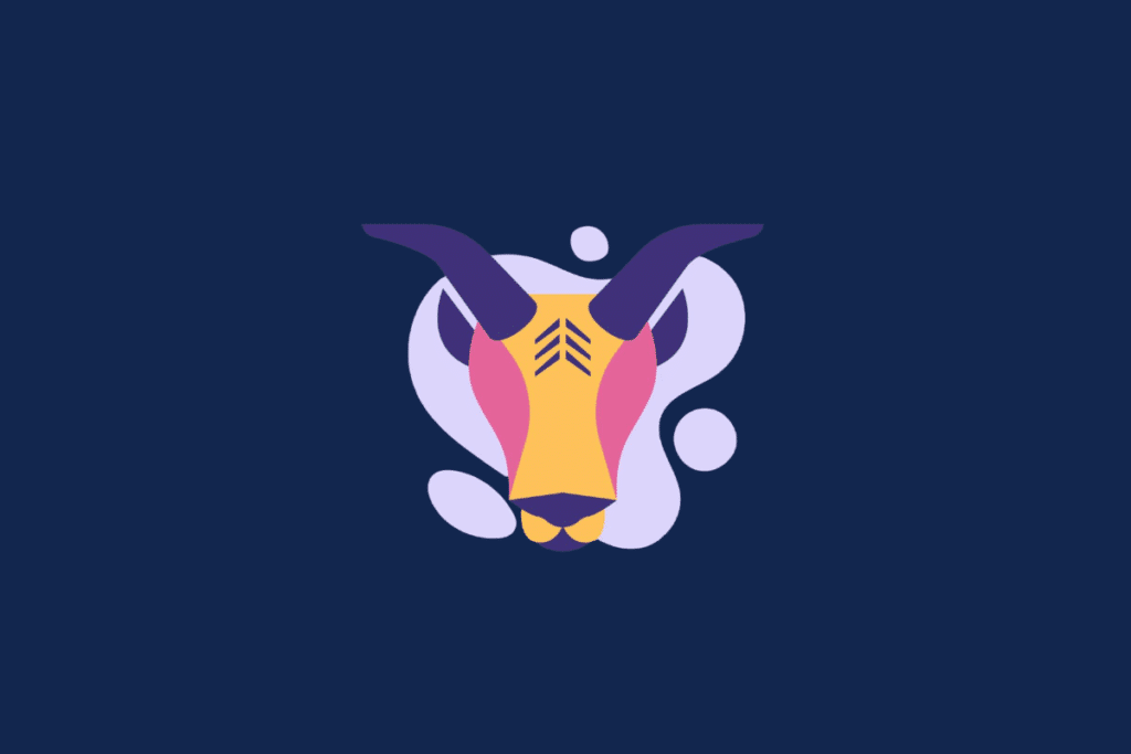 Ilustração do signo de Capricórnio sobre fundo azul-escuro. Ao centro, a cabeça de uma cabra nas cores amarelo, rosa e roxo, com dois chifres curvados voltados para cima e detalhes no topo da testa. A imagem possui uma mancha lilás fluida ao fundo.