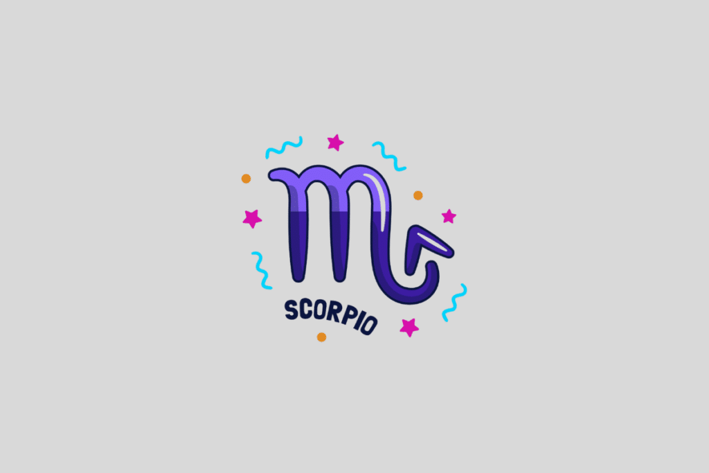 Símbolo astrológico de Escorpião, em roxo com um gradiente mais escuro, rodeado por estrelas rosa e ondas ciano. A palavra "SCORPIO" está escrita abaixo em preto. O fundo da imagem é um cinza claro.