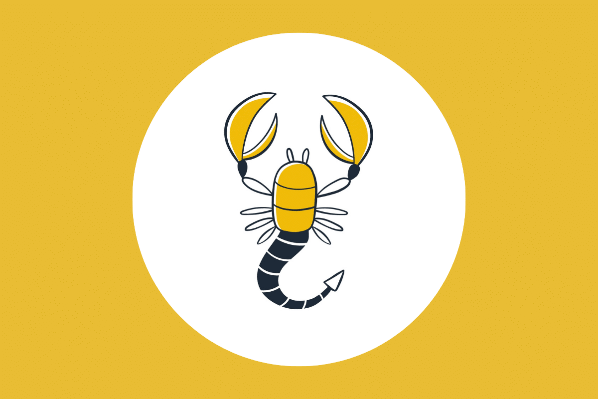 Ilustração minimalista de um escorpião com corpo e garras amarelas e uma cauda segmentada preta com um ferrão, dentro de um círculo branco sobre um fundo dourado.