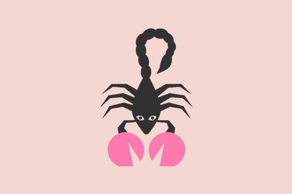 Ilustração estilizada de um escorpião preto com cauda curva e duas garras grandes e redondas na cor rosa-choque, sobre um fundo rosa-claro.