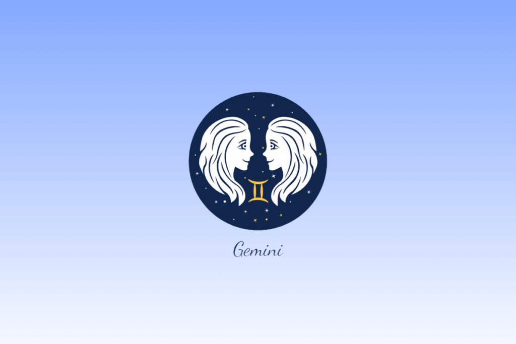 Ilustração do signo de Gêmeos com o perfil de duas mulheres brancas de frente uma para a outra dentro de um círculo azul-escuro estrelado, acompanhado pelo símbolo em amarelo e o nome "Gemini" escrito abaixo.