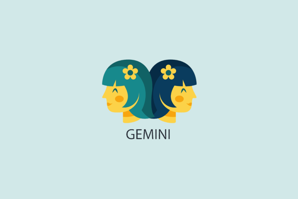 Ilustração vetorial em estilo plano dos perfis de duas garotas lado a lado olhando para lados opostos, com flores amarelas no cabelo, sobre um fundo azul-claro com a palavra "GEMINI" escrita abaixo.