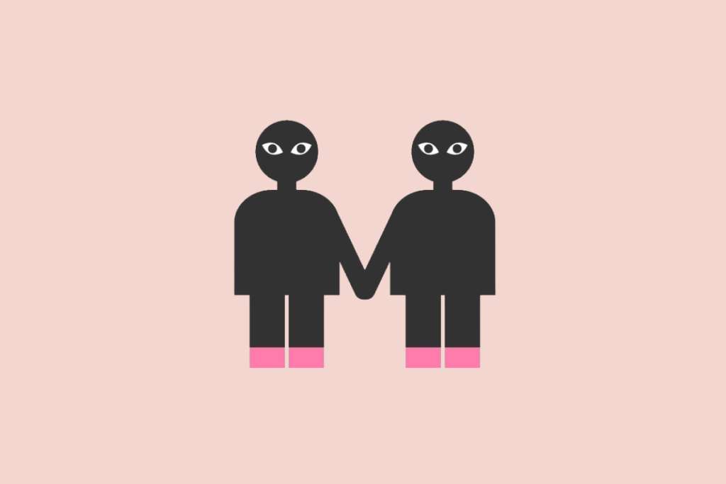 Ilustração estilizada de duas figuras humanas pretas de mãos dadas, com detalhes rosa-choque nos pés, sobre um fundo rosa-claro.
