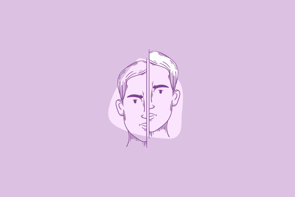 Uma ilustração em linha roxa de dois rostos humanos de perfil, representando o signo de Gêmeos.