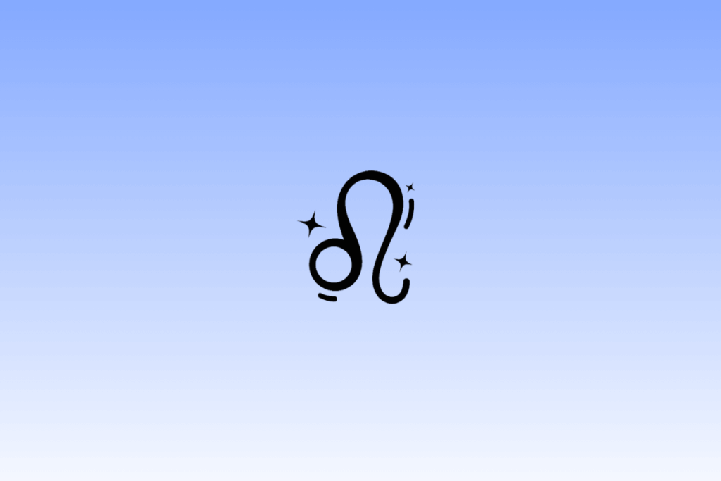 Ícone preto do símbolo do signo de Leão, representando uma juba estilizada com um círculo em uma das pontas, centralizado em um fundo com gradiente azul e cercado por pequenas estrelas.
