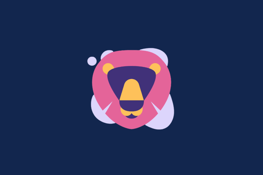 Ilustração do signo de Leão sobre fundo azul-escuro. Ao centro, o rosto de um leão é composto por uma juba circular cor-de-rosa, orelhas amarelas e um focinho geométrico nas cores roxo e amarelo, sobreposto a um fundo com manchas na cor lilás.