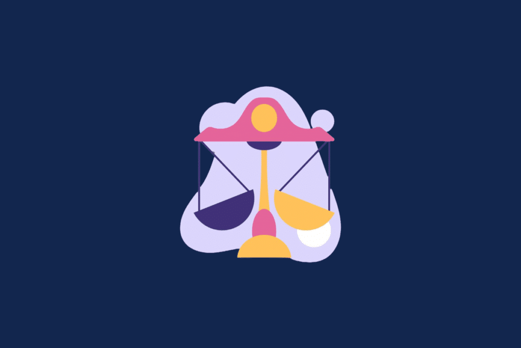 Ilustração do signo de Libra sobre fundo azul-escuro. No centro, uma balança traz uma estrutura rosa e amarela com pratos de cores diferentes — um roxo à esquerda e um amarelo à direita — equilibrados em uma haste. A ilustração fica sobre um fundo abstrato lilás.