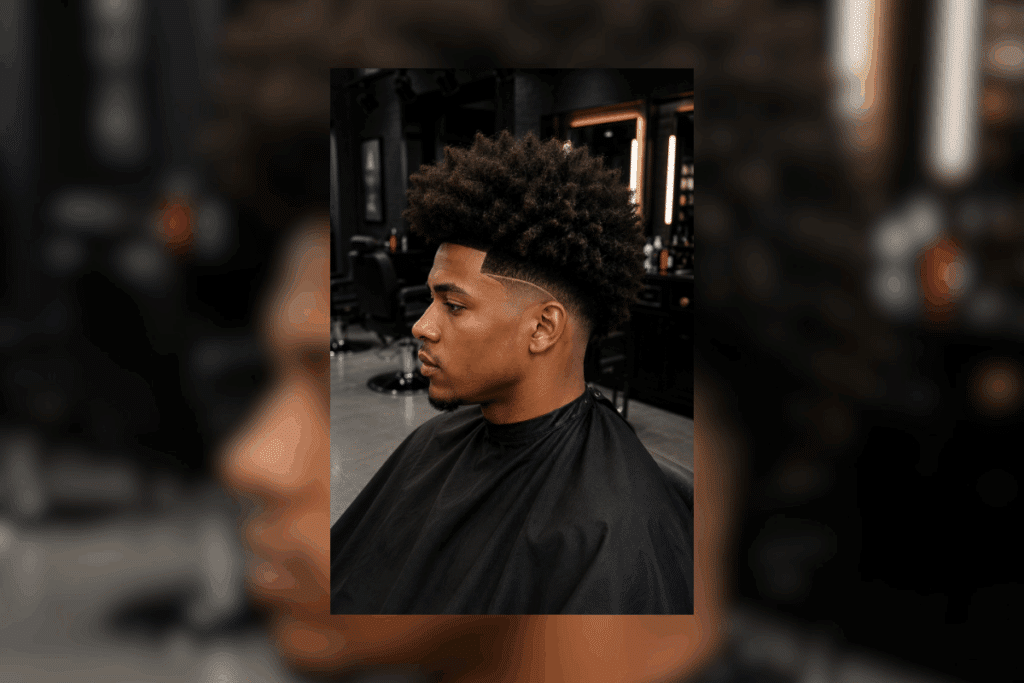 Homem com cabelo afro grande com degradê e risco nas laterais, no estilo Midi Fade com freestyle, sentado em uma barbearia 