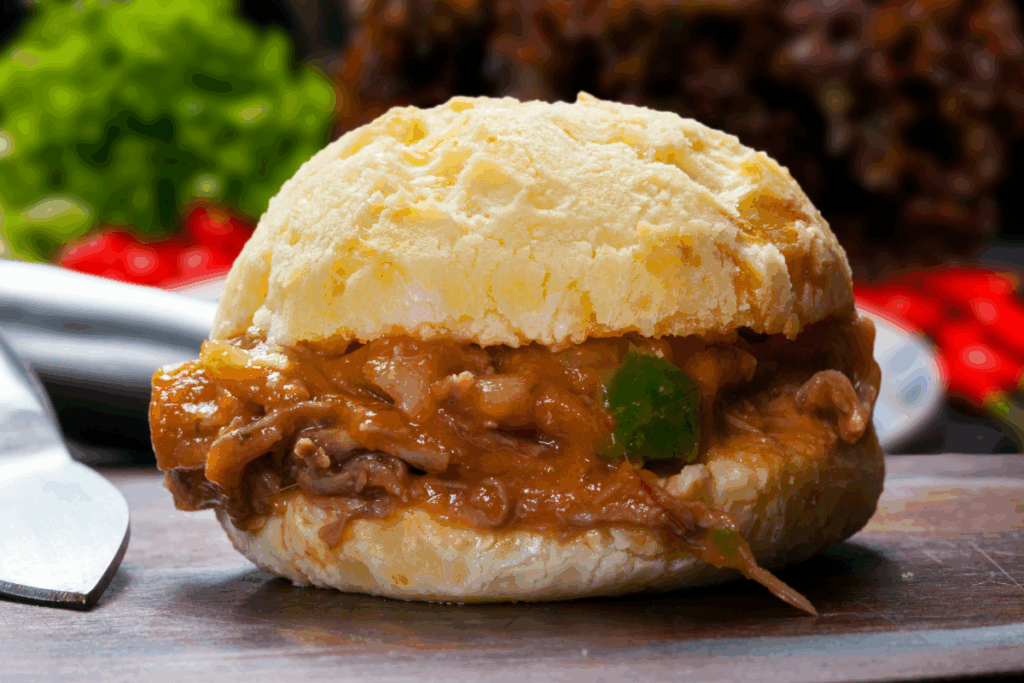 Pão de queijo recheado com carne desfiada servido sobre uma tábua de madeira