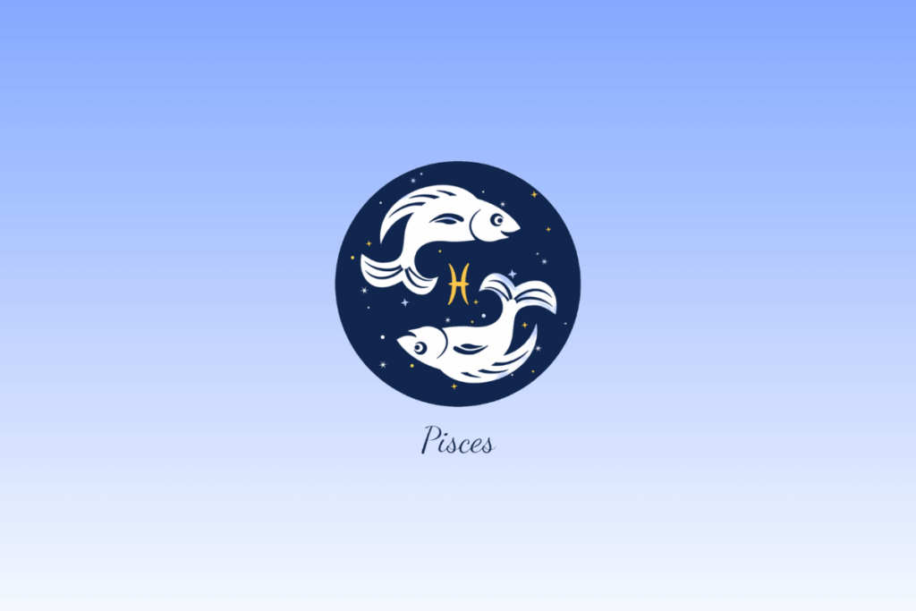 Ilustração do signo de Peixes com dois peixes brancos nadando em direções opostas dentro de um círculo azul-escuro estrelado, acompanhado pelo símbolo em amarelo e o nome "Pisces" escrito abaixo.