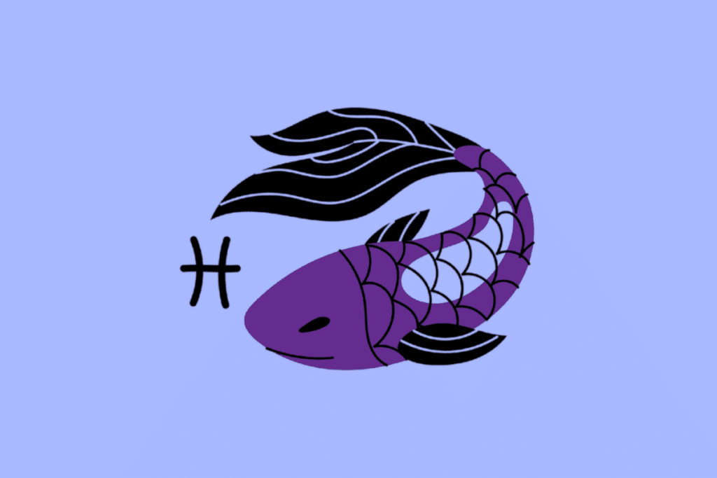 Ilustração roxa e preta de um peixe curvado representando o signo de Peixes, com o símbolo astrológico ao lado, sobre fundo lilás.