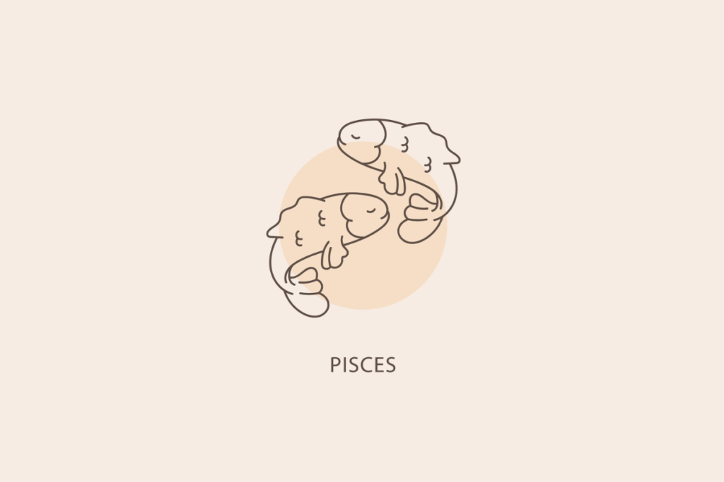 Ilustração em linhas finas de dois peixes nadando em direções opostas em círculo, com um círculo bege ao fundo e a palavra "PISCES" abaixo.