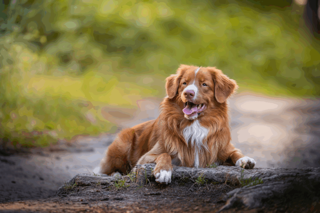 Cachorro da raça retriever da Nova Escócia, com pelagem branca e bege densa, deitado em uma pedra