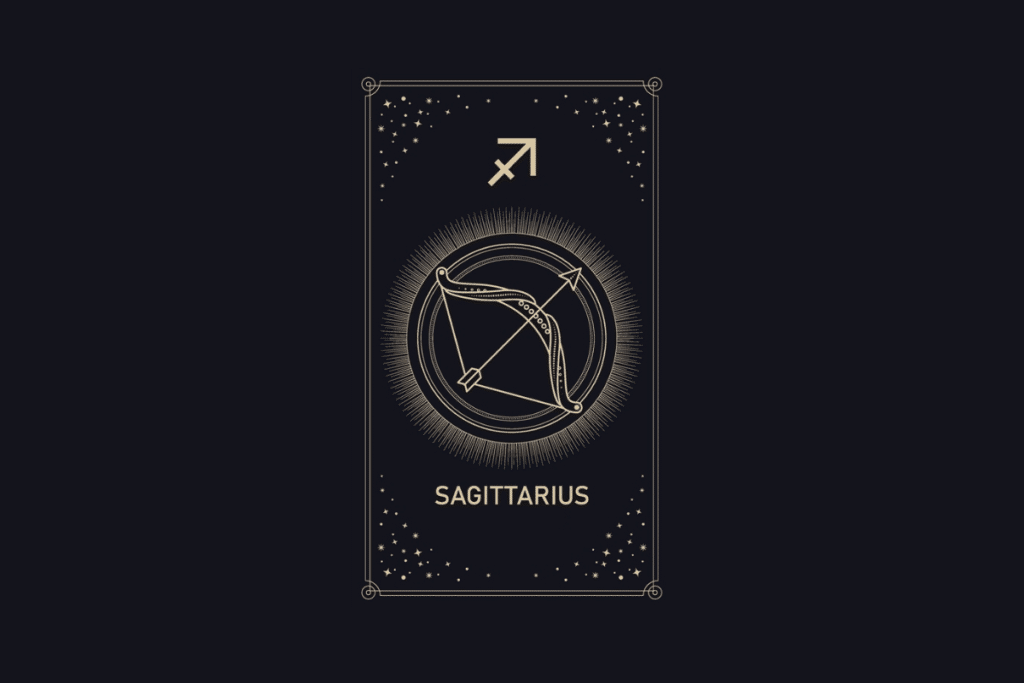 Ilustração em linhas douradas em fundo escuro com a palavra "Sagittarius". No centro, um arco e flecha posicionados dentro de um círculo iluminado, com o símbolo de Sagitário no topo e estrelas ao redor.