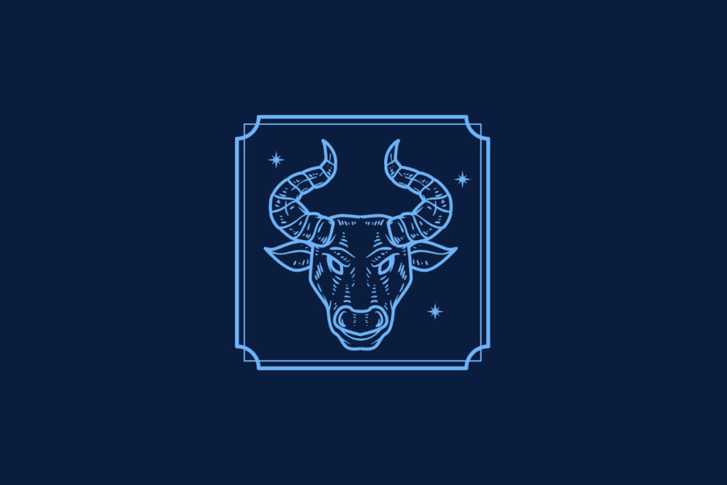 Ilustração em linhas azuis em fundo azul-escuro exibindo a cabeça de um touro com grandes chifres curvados, dentro de uma moldura quadrada acompanhada por estrelas.
