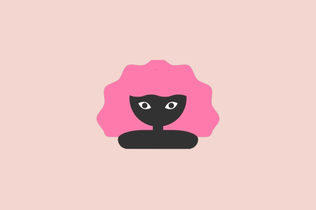 Ilustração estilizada do busto de uma mulher preta com cabelo rosa ondulado, sobre um fundo rosa-claro.