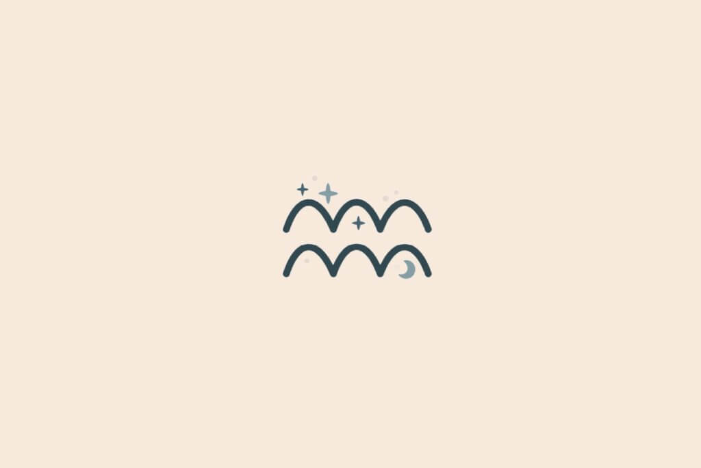 Imagem minimalista com fundo bege claro e um símbolo azul de Aquário no centro, acompanhado de pequenos detalhes místicos acima do desenho