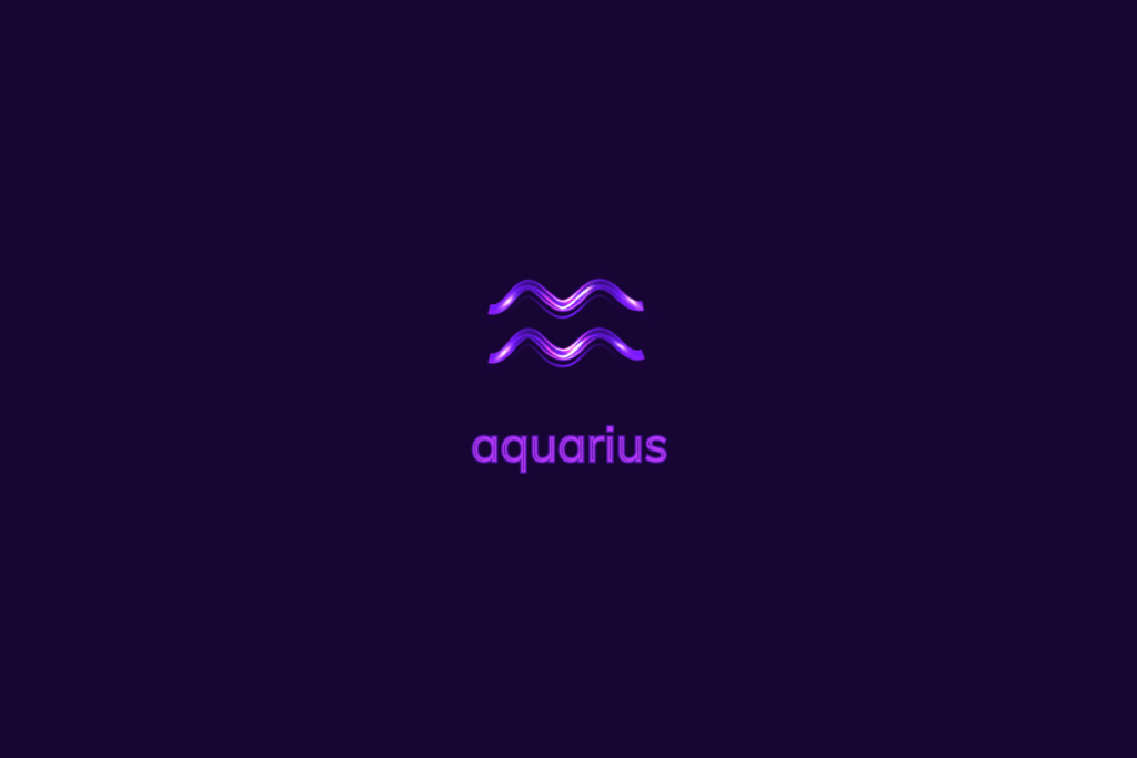 Ilustração do signo de aquário em roxo-claro, com luzes brancas, nome do signo abaixo e composição centralizada sobre fundo roxo-escuro