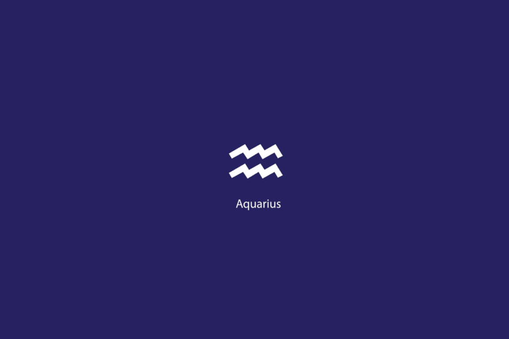 Ilustração do signo de Aquário em branco, com o nome abaixo, centralizado, sobre um fundo azul-escuro